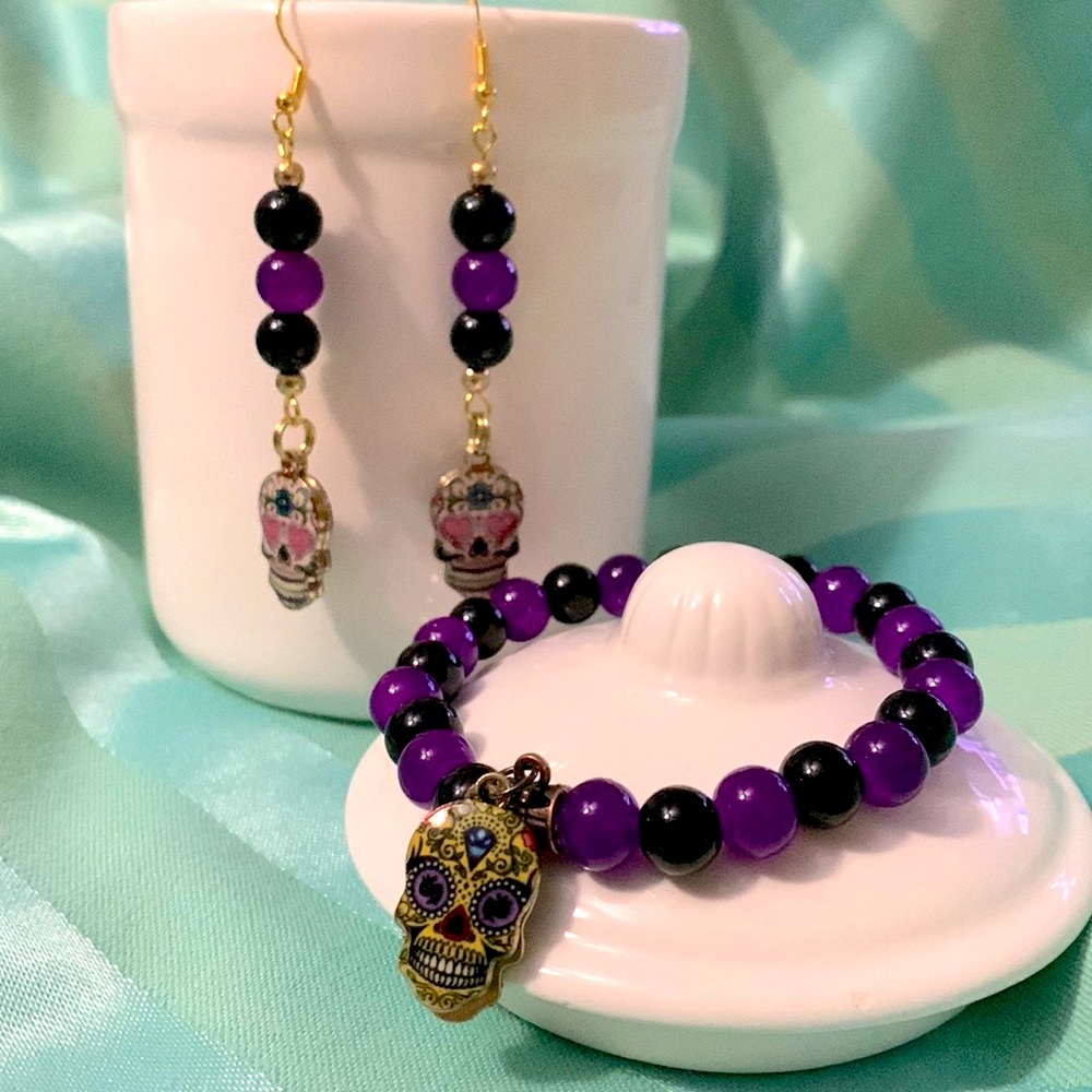 Halloween Bracelet and Earrings Sugar Skull Jewelry Set Purple and Black Glass